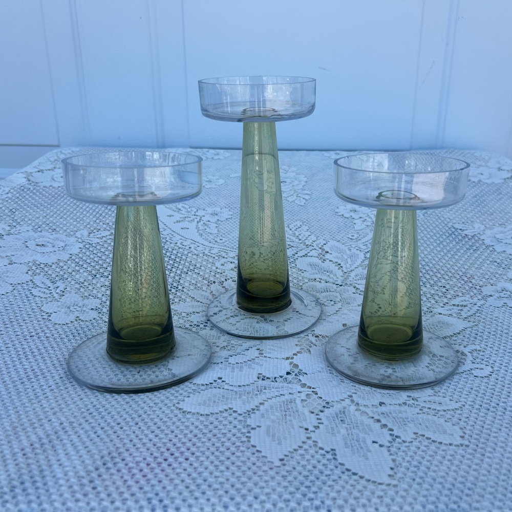 Set of 3 Mid Century Olive Green Glass Candle Holders Taper Candlesticks Vintage